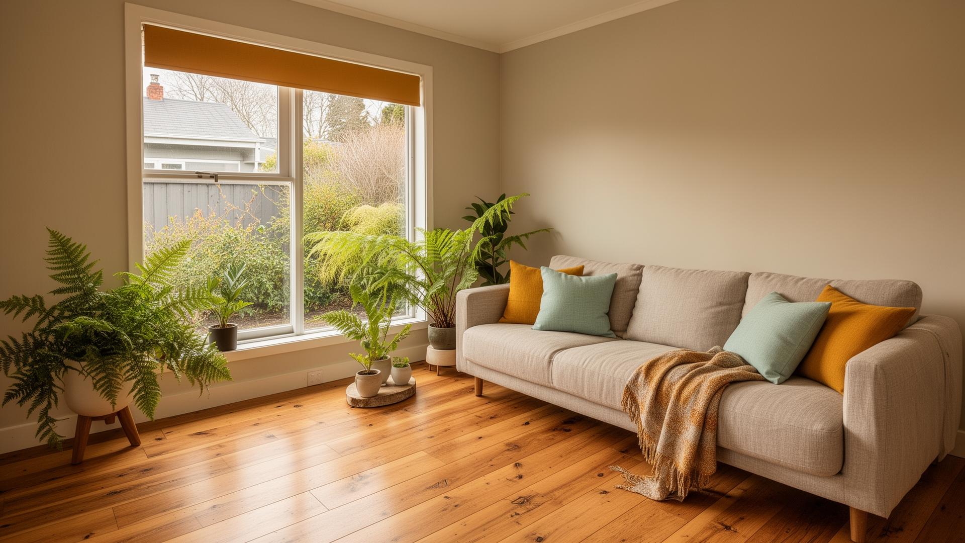 Warm Kiwi living room interior with timber floors, ferns and natural light